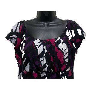 Blue Sage‎ Abstract Print Cap Elastic Sleeve Empire Pleated Scoop Blouse Size L